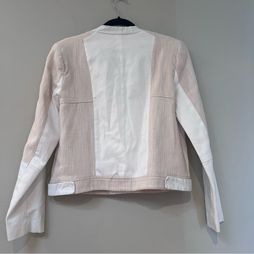 Ellen Tracy Off White Asymmetrical Zip Faux Leather Tweed Crop Jacket - Picture 2 of 5